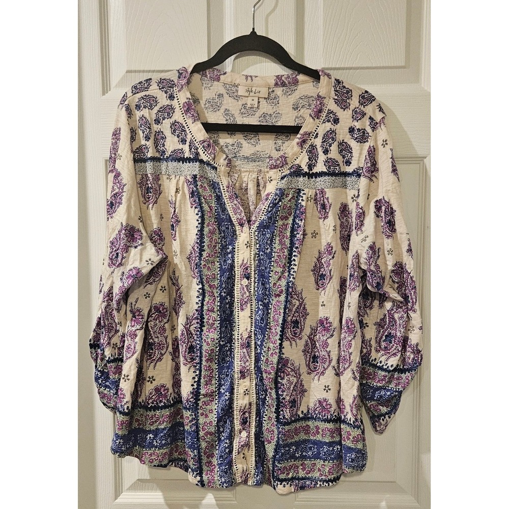 Style & Co Blouse 3X Boho Paisley Print Cotton Modal Peasant Top Plus Size